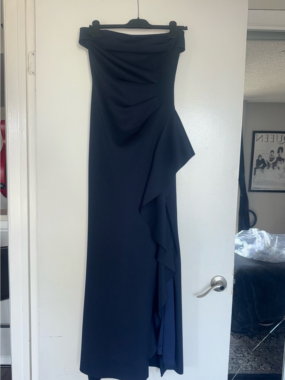 Elegant Navy Off-Shoulder Ruffle Evening Dress